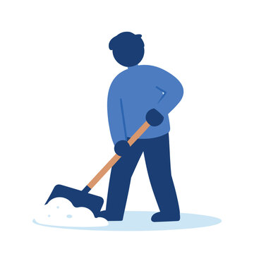 Person wearing blue clothes shovels snow with a shovel