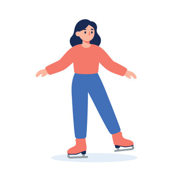 Woman in red sweater and blue pants ice skating gracefully