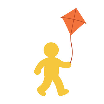 Yellow silhouette person walking and flying an orange kite on a white background