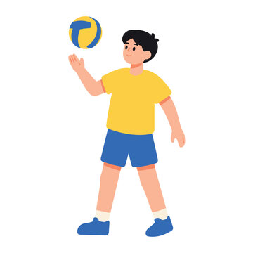 Young boy playing volleyball with a yellow and blue ball