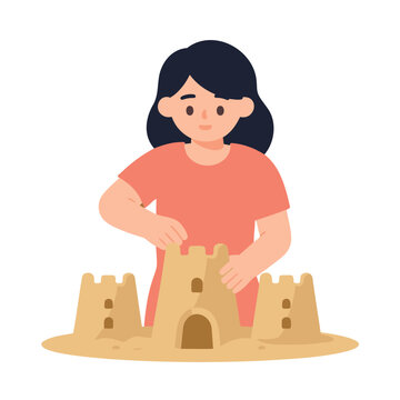 Young girl building a sandcastle on a beach with her hands