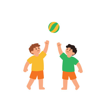 Two children playing volleyball on a white background