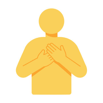 Yellow stylized figure holding hands over heart chest area