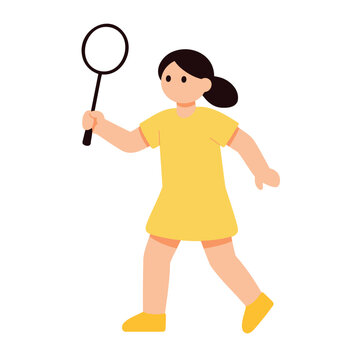 Young girl in yellow dress holding a tennis racket and playing badminton