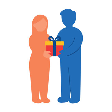 Person giving a wrapped gift to another person with a blue ribbon