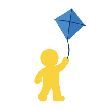 Yellow silhouette figure holding a blue diamond kite on a string