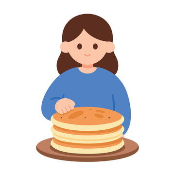 Young girl holding a stack of pancakes on a round wooden plate