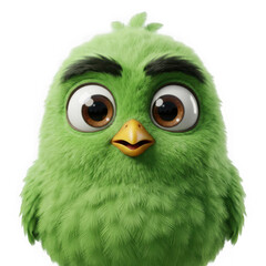 Fototapeta premium Cute fluffy green bird character with large expressive eyes and thick eyebrows isolated on transparent background