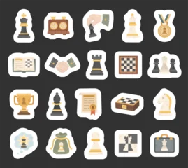 Fotobehang Onderzeeër Chess game set featuring king queen rook bishop knight pawn clock medal book handshake board trophy diploma case bag suitcase  © palau83