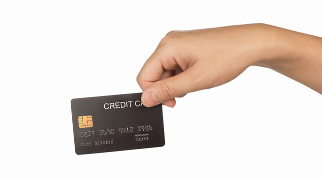 Hand hold credit card isolated on white background.