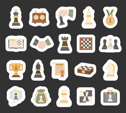 Chess game set featuring king queen rook bishop knight pawn clock medal book handshake board trophy diploma case bag suitcase