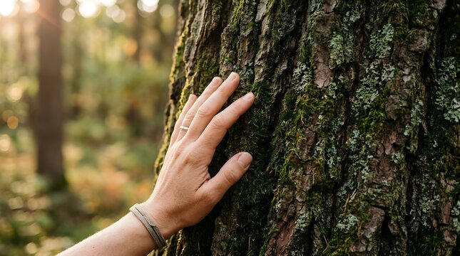 Natural wood texture, hand touching tree bark, forest conservation concept
