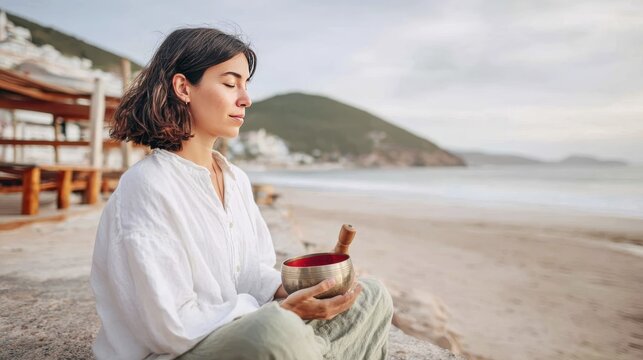 Serene woman meditating with singing bowl by seaside at sunset