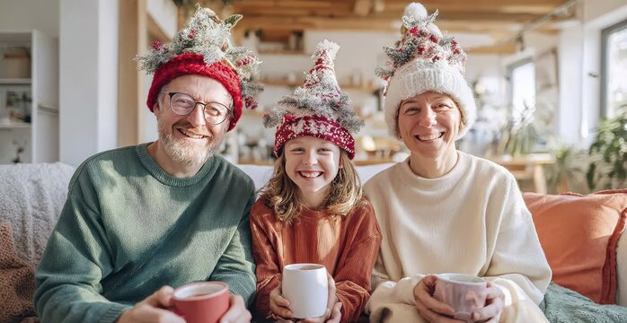 Family smiling in festive christmas hats with hot beverages at home