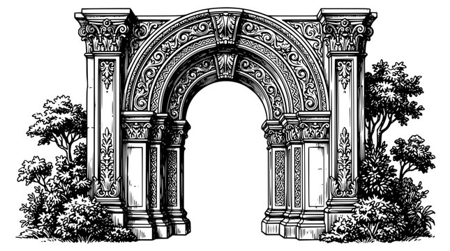 Ornate architectural archway vector graphic with classical stone column details