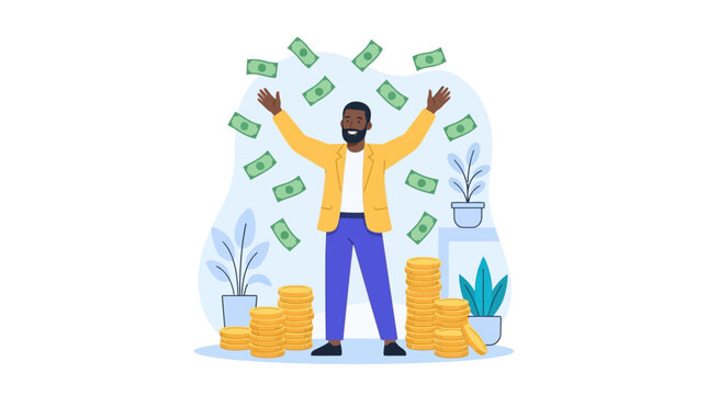 Happy African American businessman celebrating financial success with falling money and stacks of gold coins.