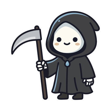 Cute grim reaper character holding a scythe for Halloween vector illustration.