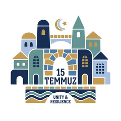 Fototapeta premium Stylized city emblem celebrating unity and resilience for 15 temmuz.