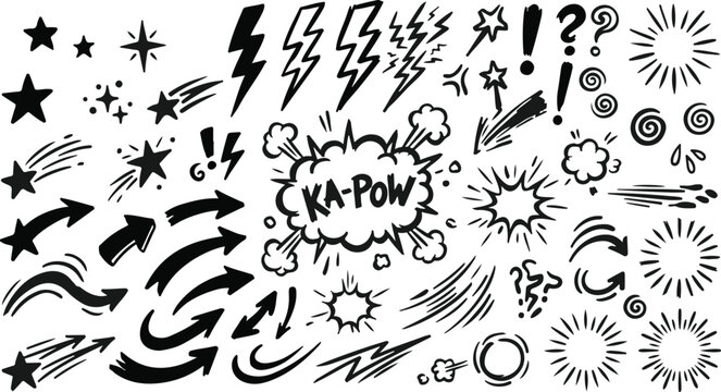 Hand Drawn Comic Book Effects Vector Elements - Stars, Arrows, Lightning, and Sunburst Doodles