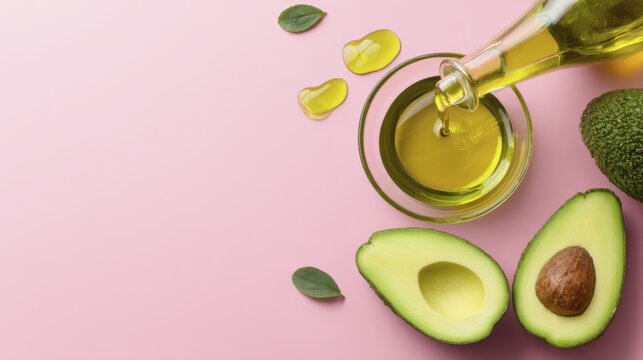 Avocado oil pouring into glass bowl on pink background with fresh avocado halves and leaves