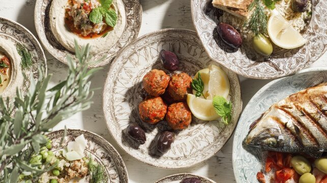 Mediterranean feast with grilled fish, meatballs, hummus, and fresh olives on decorative plates