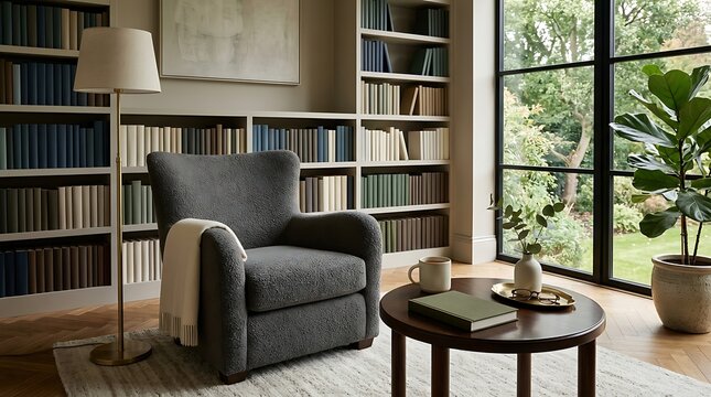 Cozy home library living room corner with comfortable armchair bookshelves and large window view