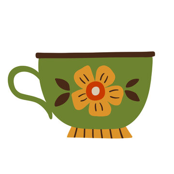 Green teacup with orange floral ornament and decorative details. Colorful hand drawn kitchen tableware illustration in green, orange and brown colors, isolated on white background.