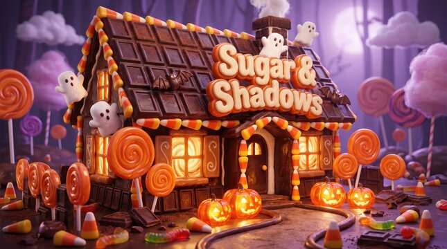 Haunted gingerbread house with candy decorations and glowing pumpkins for Halloween party