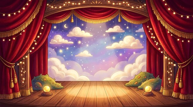 Grand theater stage with red velvet curtain and dramatic sky backdrop for performances and events