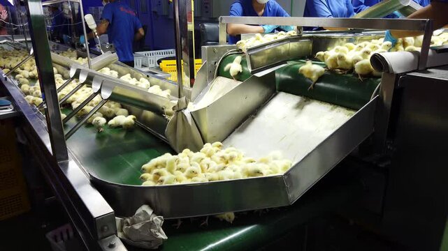 Close-up of newly hatched yellow chicks moving along a conveyor belt inside a modern commercial hatchery. The chicks are being transported through the hatchery process before health inspection, sortin