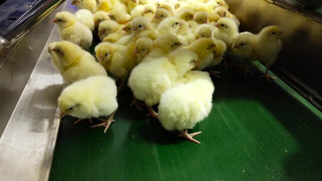 Close-up of newly hatched yellow chicks moving along a conveyor belt inside a modern commercial hatchery. The chicks are being transported through the hatchery process before health inspection, sortin