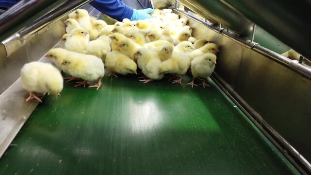 Close-up of newly hatched yellow chicks moving along a conveyor belt inside a modern commercial hatchery. The chicks are being transported through the hatchery process before health inspection, sortin