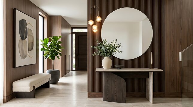 Modern hallway interior featuring wooden wall paneling round mirror and console table indoor plant pendant lights
