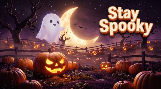 Cute ghost floating over a glowing jack-o-lantern in a spooky Halloween pumpkin patch field
