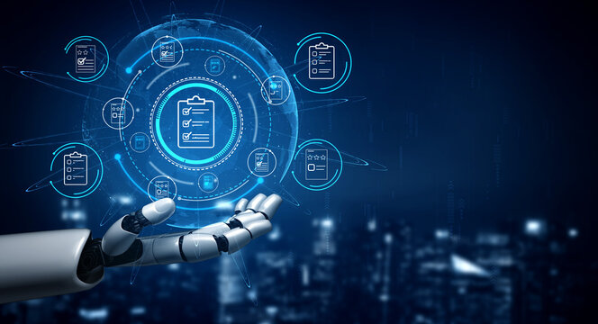 Futuristic robotic hand interacting with digital interface featuring checklists and icons against a glowing city skyline background, symbolizing AI automation and efficiency. Entropy.