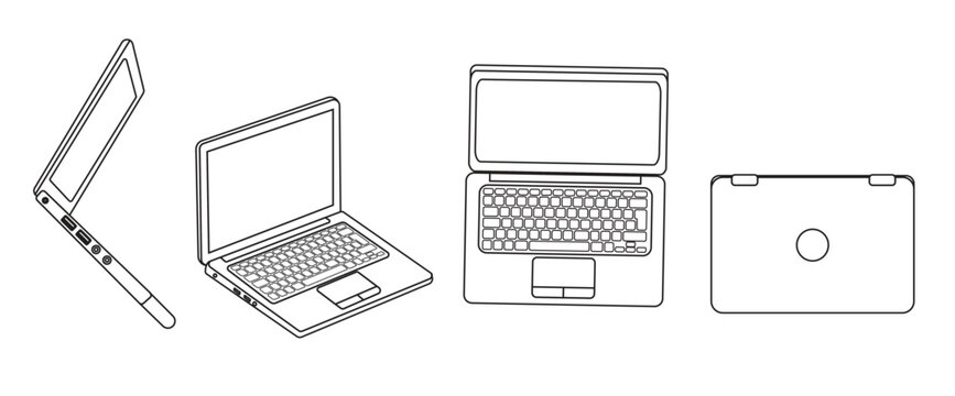 laptop shown from multiple perspectives including front side and top down views for design.