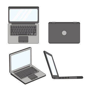 laptop shown from multiple perspectives including front side and top down views for design.