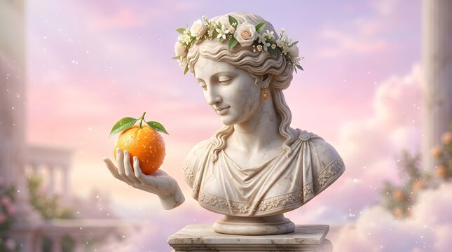 Classical marble bust of a goddess holding a fresh orange, against a soft pink sky