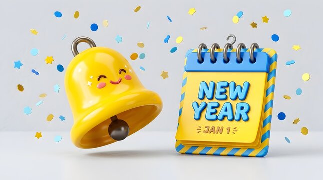 3 d render of a smiling yellow bell and a new year calendar page