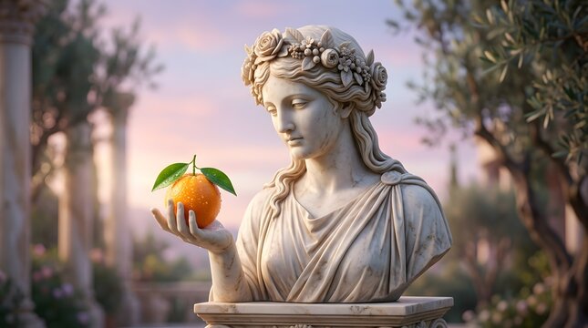 Classical marble goddess bust holding a fresh orange in a garden