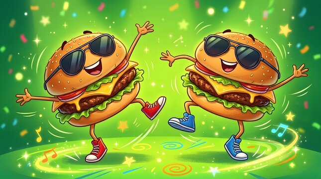 Two anthropomorphic cheeseburgers wearing sunglasses dancing on a green stage