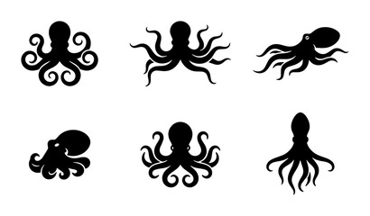 Obraz premium 70 Set of Six Black Octopus Silhouettes, Marine Life Icons, Underwater Creature Vector Graphics, Nautical Symbols for Design 100