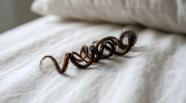 Macro close-up of a single dark brown curly hair strand on white linen bedding