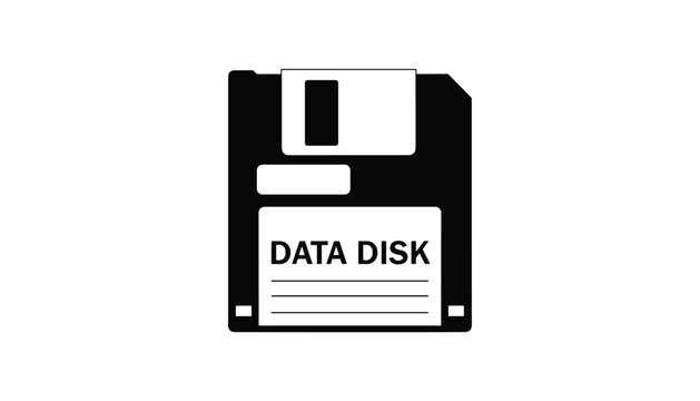 Black silhouette icon of an old-school data floppy disk representing vintage computing technology and data storage.