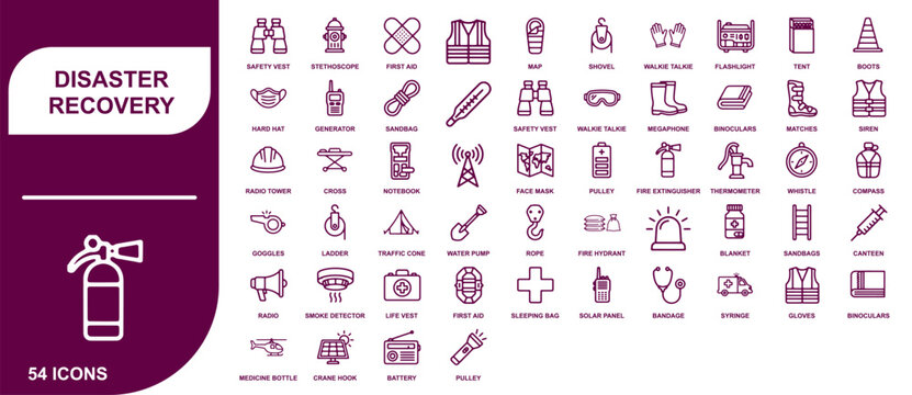 Comprehensive collection of fifty four linear style disaster recovery icons for emergency planning and safety management