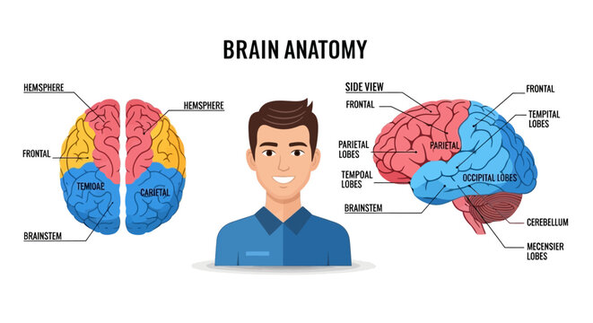 Detailed human brain anatomy diagram with lobe labels.