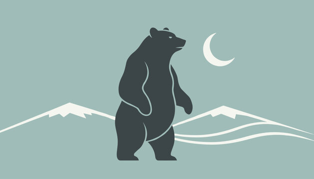 Giant black bear standing tall in front of snowy mountain peaks under a glowing crescent moon at night.