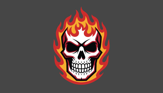 Aggressive human skull warrior mascot engulfed in burning hot yellow and red fire flames on dark background.
