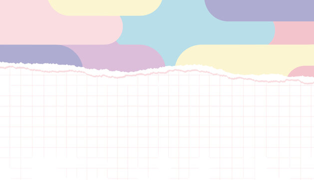 Beautiful torn white lined notebook paper edge decorated with soft abstract pastel geometric shapes on top.