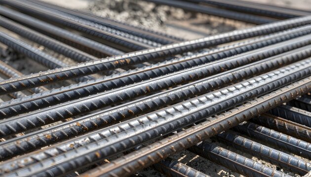 Industrial steel rebar rods for concrete reinforcement, ribbed metal bars on construction site, heavy duty building materials